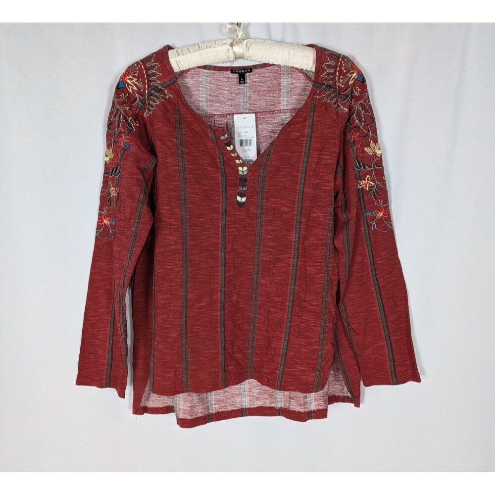 Hannah S Henley Top Rust Red Floral Embroidered Striped Long Sleeve Knit NWT